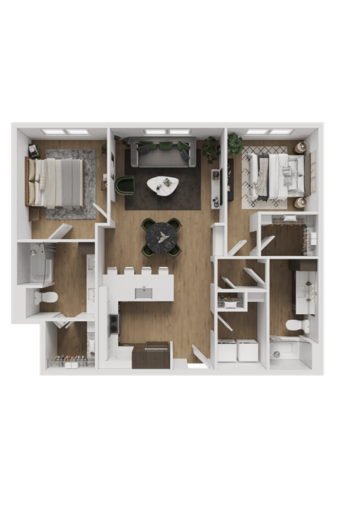 A top-down view of a well-organized apartment layout.